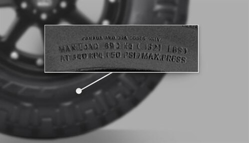 Zoom in photo of a tire and to review the appropriate air pressure for it.