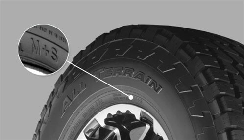 Zoom in short of a tire showing how to see if its a Mud and Snow tire.